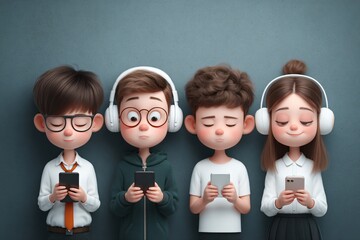 Adorable Cartoon Characters Enjoying Digital Music and Mobile Devices Headphones, Smartphones, Tablets, and Serene Moments