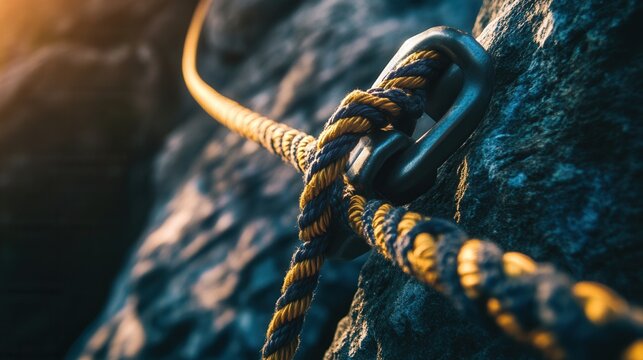 A climbing rope is secured with a knot and carabiner against a rough rock face