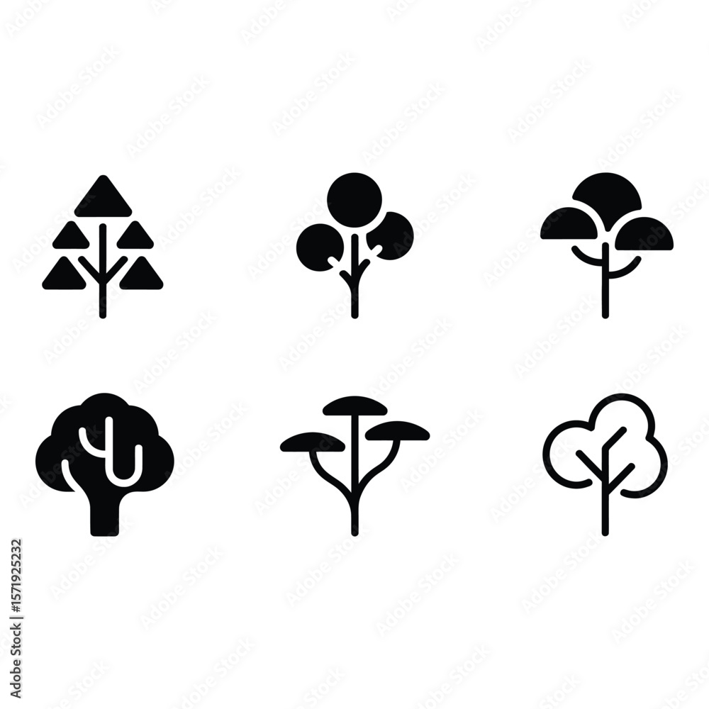 Poster six simple black tree icons minimalist nature symbols vector graphics flat design