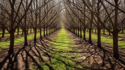 Fototapeta premium Rows of bare trees create a symmetrical pattern in a grassy orchard