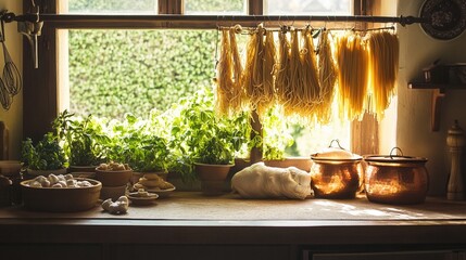 Obraz premium Sunlight streams through a window in a rustic kitchen with hanging pasta