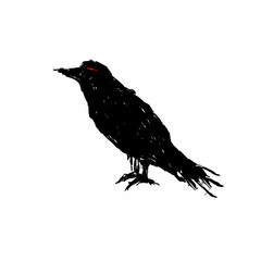 Hand-drawn black raven with rough sketch lines and glowing red eye on a white background. Dark, eerie style perfect for horror, gothic, or occult themes.