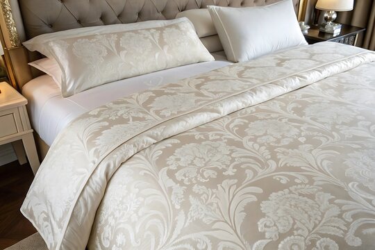 Luxurious Beige Damask Bedding Set with Elegant Floral Pattern, Perfect for a Hotel or Master...