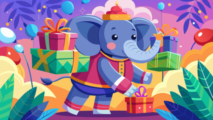 Fototapeta premium Cute cartoon elephant wearing a festive outfit carrying gifts and balloons