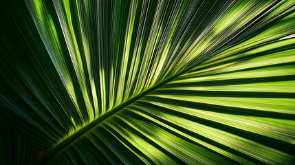Obraz premium Green Licuala Orbicularis palm leaf with light and shadow on surface in dark tone style, Natural foliage background 