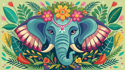 Stylized elephant decorated with flowers and foliage in vibrant colors