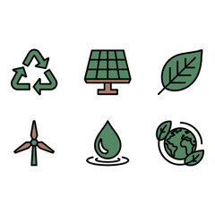 Sustainable Energy Icons Eco Friendly Green Line Art Graphics for Web and Print