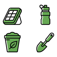 Sustainable Lifestyle Icons Eco Friendly Solar Panel Water Bottle Compost and Trowel Flat Design Green Color Palette Positive Mood