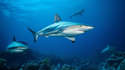 Fototapeta premium Grey reef sharks in blue water