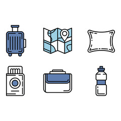 Travel Essentials Flat Icon Set Modern Style Blue and Gray Palette Vacation Mood