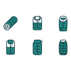 Teal Camping Gear Icons Sleeping Bag Pad Vest and Jacket Illustrations