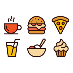Vibrant Food Icons Coffee Burger Pizza Juice Ice Cream and Cupcake Flat Design Cheerful Mood