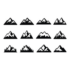 Twelve Bold Black Mountain Peak Icons Simple Graphic Nature Illustrations Adventure Travel and Outdoor Branding