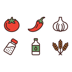 Vibrant Line Art Icons Tomato Chili Pepper Garlic Salt Oil Wheat Culinary Ingredients Set