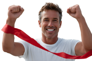 Smiling man celebrates crossing the finish line with a red ribbon, depicting victory and success against a transparent background, silhouette
