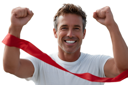 Smiling man celebrates crossing the finish line with a red ribbon, depicting victory and success against a transparent background, silhouette