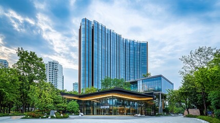 A modern glass building stands tall against a cloudy sky in an urban setting