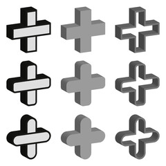 Obraz premium Isometric plus icon. Solid hollow variations. Grey black design. Vector depth symbol.