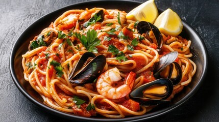 A plate of seafood spaghetti with shrimp and mussels isolated on black background