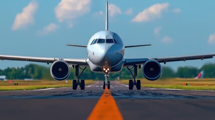 Airplane taxiing on runway, front view