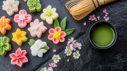 Fototapeta premium Colorful wagashi sweets and matcha tea are arranged for a traditional japanese tea ceremony