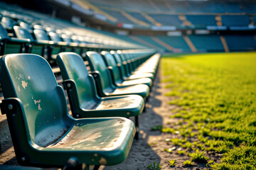 Fototapeta premium Close-up of worn, empty stadium seats in warm sunlight. A nostalgic image of waiting, past memories, and the anticipation for the next season.