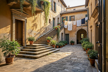 Obraz premium A charming, sun-drenched courtyard in an old Italian palazzo. Terracotta walls, potted plants, and stone steps create a timeless scene of Mediterranean travel.