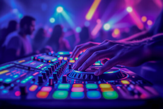 Close-up of a DJ's hands on a glowing console at a party. The cinematic, neon-lit scene captures the energy of live electronic music and nightlife.