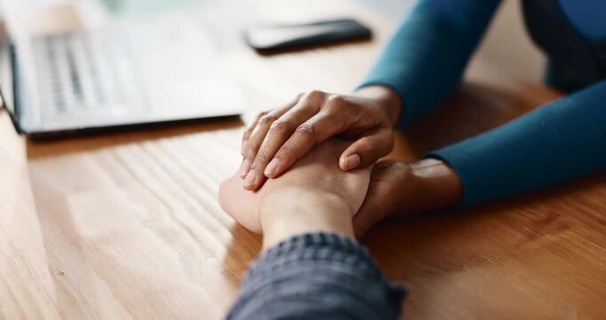 Holding hands, support and empathy with business people in office for mental health, trust or hr counseling. Kindness, compassion and therapy consultant with closeup of employees for help and respect