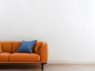 White wall mockup with orange sofa in living room