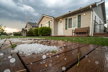 Large Hailstones Covering Residential Backyard Deck After a Severe Summer Storm
