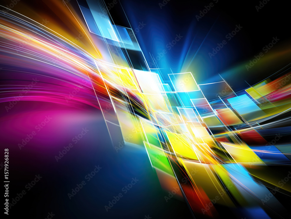 Poster colorful abstract design with light streaks and geometry on a dark background