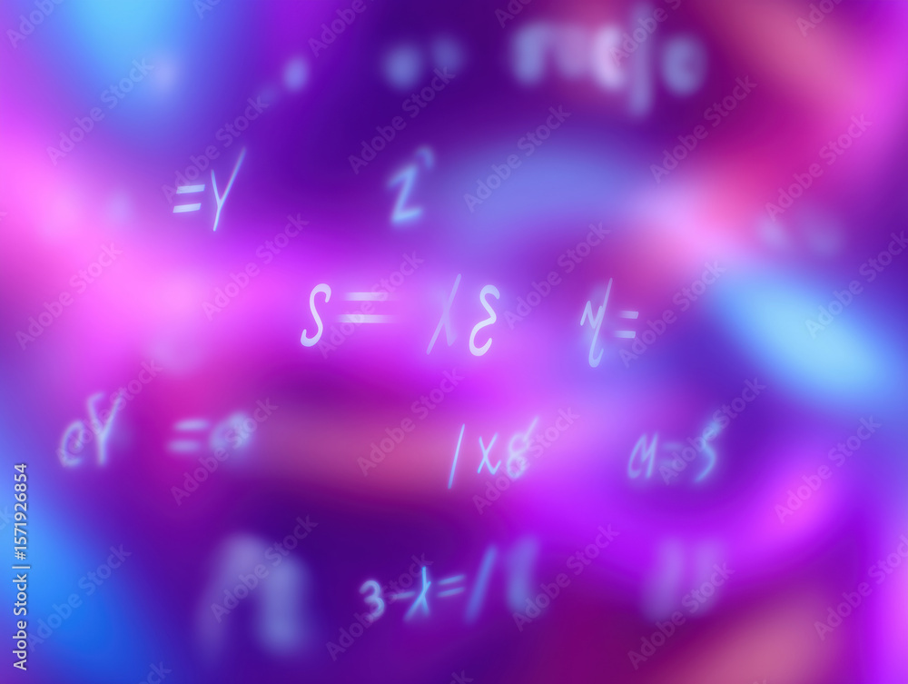 Poster abstract representation of mathematical equations glowing on a colorful background