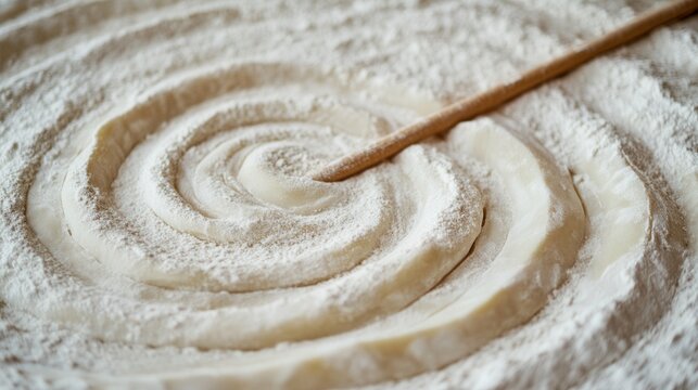A wooden stick is used to create a spiral pattern in dough covered with flour