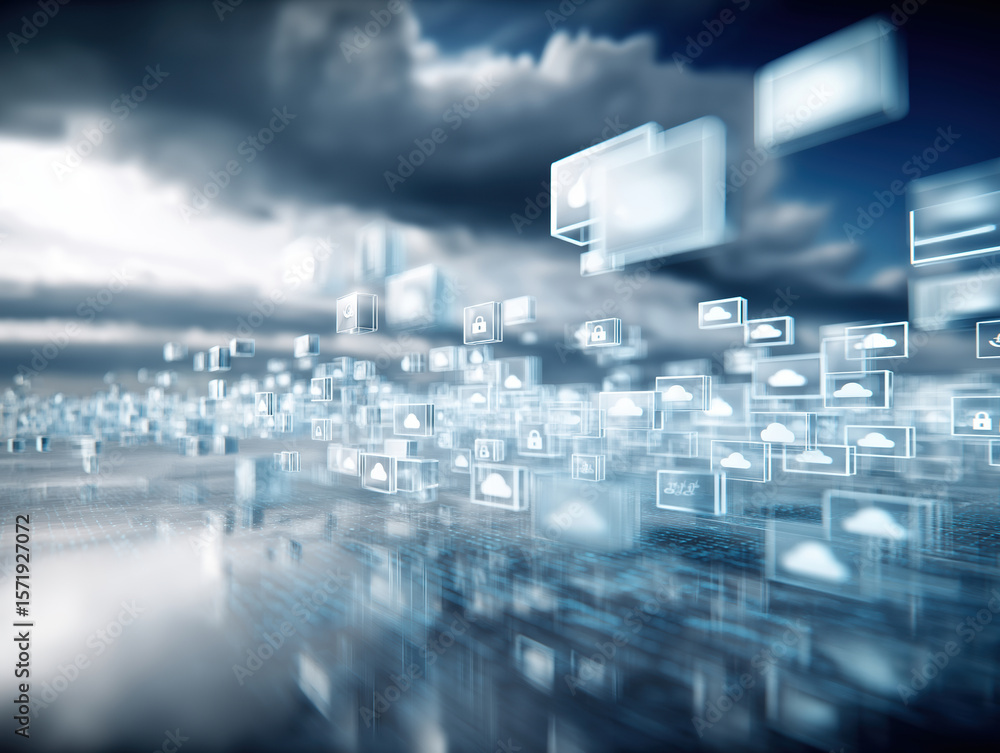 Poster digital landscape with floating data icons above a reflective surface under a cloudy sky