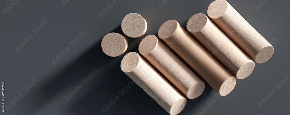 Poster a top down view of several wooden dowels arranged on a gray surface creating a geometric pattern