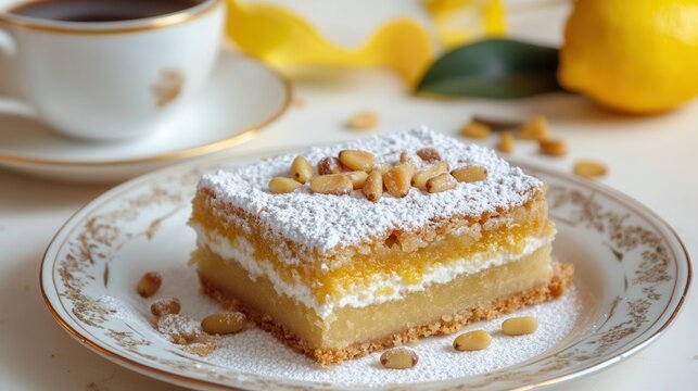 A square slice of pine nut cake with powdered sugar and lemon