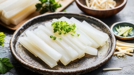 Sliced daikon radish is presented on a plate with green garnish