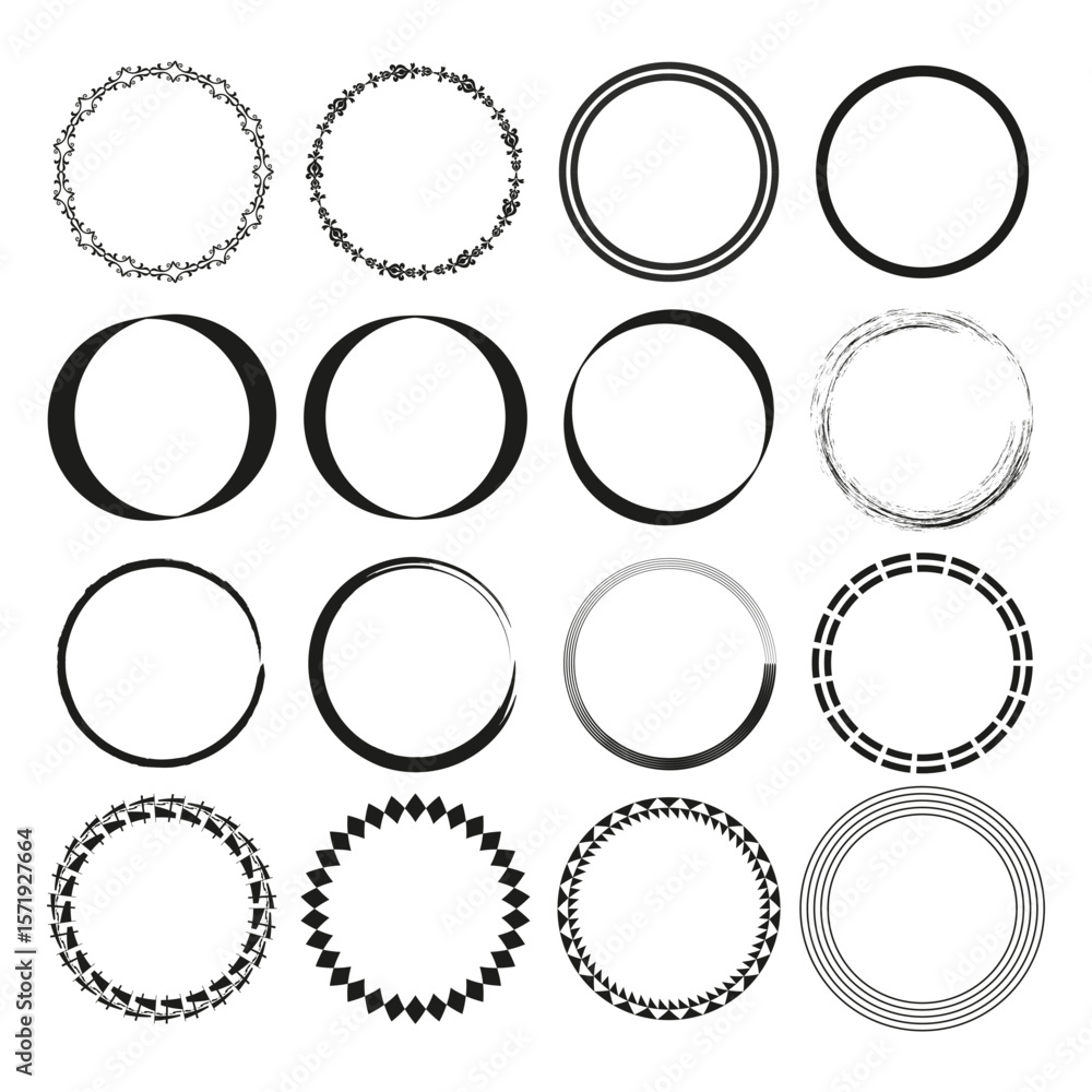 Poster circular frame collection. decorative border elements. diverse round shapes. vector unique design.
