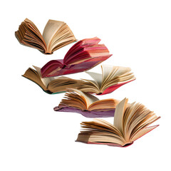 Five Open Antique Books Flying on a Transparent Background