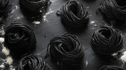 Black squid ink tagliatelle pasta nests with flour on a dark slate background