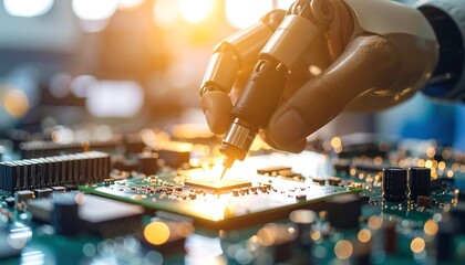 Obraz premium Robotic hand working on circuit board