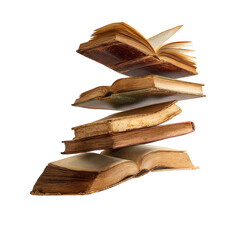 Five Open Vintage Brown Books Floating on Transparent Background