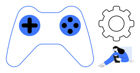 Gaming controller, gearwheel for settings or customization, and person with tablet emphasizing gaming, technology, innovation. Ideal for gaming, tech tools, customization, productivity education