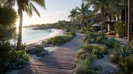 Resort walkway with tropical plants leading to beach with calm sea and white sand
