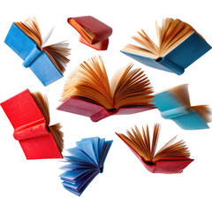 Open Red and Blue Books Flying on Transparent Background