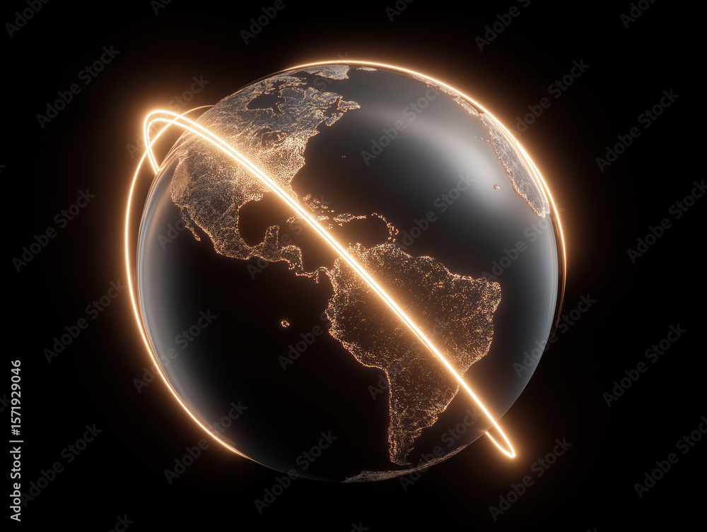 Poster digital globe with glowing network lines connecting continents at night