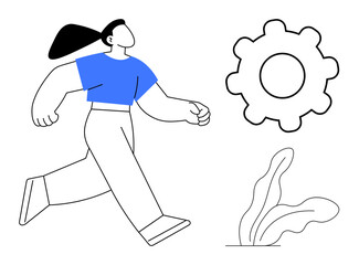 Person striding confidently with hair flowing, next to a large gear and minimalist plant. Ideal for themes of progress, innovation, self-improvement, teamwork, technology, growth, and goal-setting in