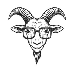 A black and white goat head illustration with curved horns, glasses, and pointed ears in a clean, stylized design.