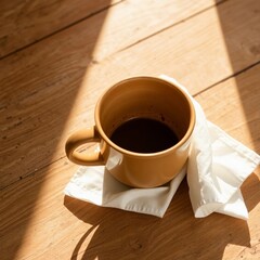 Obraz premium Empty mustard-colored coffee mug on a wooden surface, sunlight casts shadows.